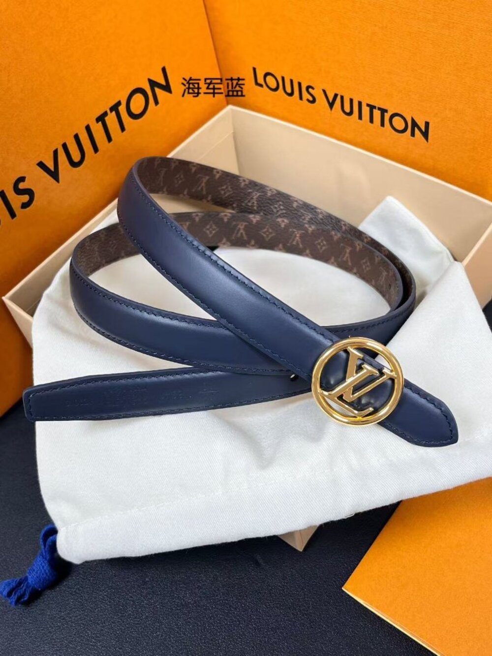 Louis Vuitton LV Flowergram Reversible Belt Navy Leather & Monogram